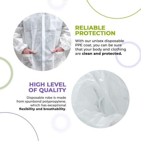 AMZ Medical Supply معطف مختبر أبيض للاستعمال مرة واحدة للنساء والرجال، مقاس كبير، عبوة مكونة من 10 معاطف مختبرية مغزولة منخفضة الوبر PP 30 GSM للبالغين مع معصمين مرنين، وأزرار أمامية، وجيوب in Kuwait