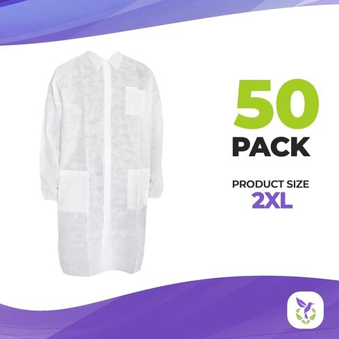 AMZ Medical Supply معطف مختبر أبيض للاستعمال مرة واحدة للنساء والرجال، مقاس كبير، عبوة مكونة من 10 معاطف مختبرية مغزولة منخفضة الوبر PP 30 GSM للبالغين مع معصمين مرنين، وأزرار أمامية، وجيوب in Kuwait
