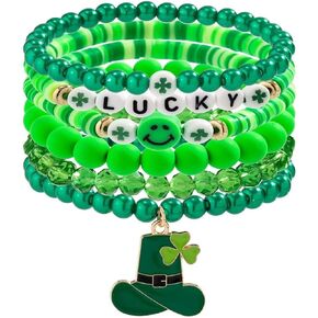 FFLaiwah Shamrock Charm Bracelet Set Irish Green Beads Stretch Bracelets St. Patrick's Day Clover Good Luck Jewelry Gifts