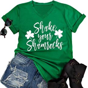 Shake Your Shamrocks T Shirt Women Funny St. Patrick's Day Irish T-Shirt V-Neck Letter Print Shamrock Shirt Tee Tops