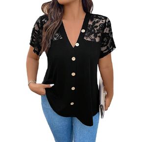 SweatyRocks Women's Plus Size Floral Lace Button Front Tee Top Sheer Short Sleeve V Neck Loose T Shirts