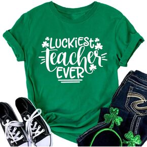 YZMI Teacher St Patricks Day Shirt Womens Letter Print Gift Tee for Teachers Funny Short Sleeve Tops