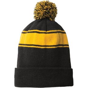 Two Tone Stripe Acrylic Winter Pom Pom Beanie Hat