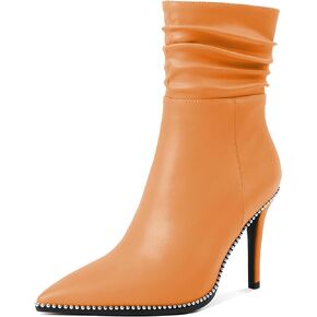 Eldof Women Slouchy Ankle Boots Closed Pointed Toe Stiletto Heel Beaded Booties Side Zipper 3.5 Inches
