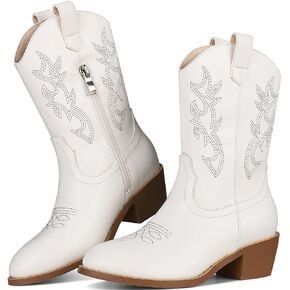 Cowboy Boots for Girls Boys Unisex-Child Embroidered Mid Calf Chunky Heel Western Boots Riding Shoes (Toddler/Little Kid/Big Kid)