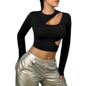 Floerns Women's Solid Cut Out Long Sleeve Y2k Round Neck Crop Tops Tee