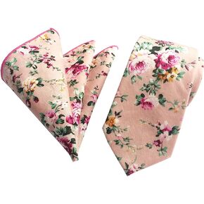 Ctskyte Tie and Pocket Square Set Men's Skinny Necktie Handkerchief Set Cotton Floral Wedding Tie
