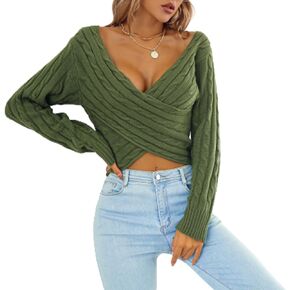 MINTLIMIT Women's V Neck Long Sleeve Wrap Cross Cropped Sweaters Off Shoulder Knitted Pullover Sweater Tops for 2023