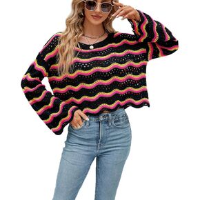Lemon Girl Hollow Out Knit Stripe Sweaters Tops Dolman Sleeves Pullovers Loose Pullover Top