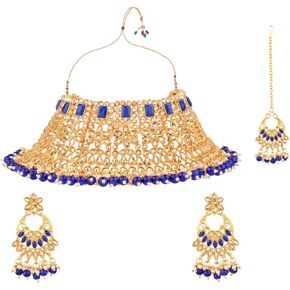 Efulgenz Indian Jewelry Sets for Women Faux Kundan Stone Crystal Choker Necklace with Big Chandbali Earrings & Maang Tikka Indian Bridal Jewelry Sets for Wedding Fashion Bollywood Jewelry