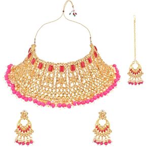 Efulgenz Indian Jewelry Sets for Women Faux Kundan Stone Crystal Choker Necklace with Big Chandbali Earrings & Maang Tikka Indian Bridal Jewelry Sets for Wedding Fashion Bollywood Jewelry