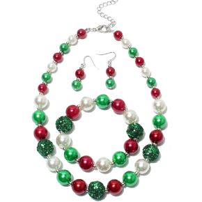 Azusa Sun 3 قطع عيد الميلاد الكبير مقلد اللؤلؤ بيان قلادة للنساء فتاة أحمر أخضر أقراط سوار عيد الميلاد مهرجان عطلة مجموعة مجوهرات هدايا عيد الميلاد - A in Kuwait