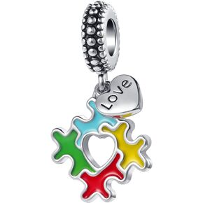 Autism Awareness Charm Puzzle Piece Love Heart Dangle Bead for Women Girl Pandora Bracelets