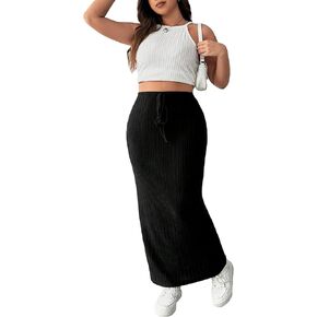WDIRARA Women's Plus Size High Waist Knot Front Pencil Tie Front Skinny Ribbed Knit Skirt