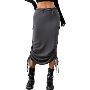 Verdusa Women's High Waist Ruched Drawstring Bodycon Long Skirt with Pocket