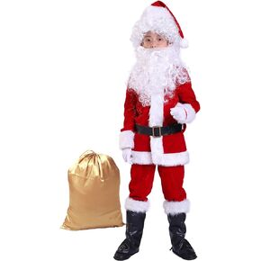 Children's Deluxe Santa Suit Christmas Costume，Kids Christmas Halloween Costume Cosplay Set of 10 Pcs