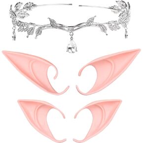 Cosplay Set - Fairy, Elf, Anime Costume - Includes 1x Leaf Headband Rhinestone Drop Headwear, 1x Pair of Long Elf Ears, 1x Pair of Short Elf Ears
