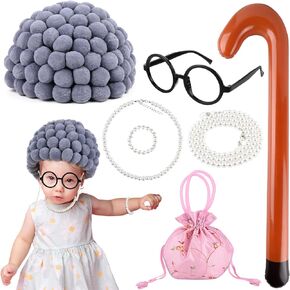 7Pcs Granny Costume nclude Wig Glasses Chain Glasses Necklace Bracelet Bag and Cane