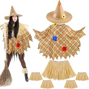 5Pcs Scarecrow Costume Set Includes Scarecrow Hat Raffia Scarecrow Straw Kit for Halloween Harvest Day Cosplay Supplies