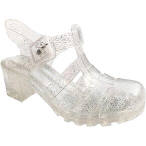 Yehopere Women's Jelly Sandals Block Heeled T-Strap Slingback Sequin Summer Beach Rain Shoes Sandal