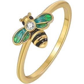 CZ Bee Promise Band Ring for Women Girls 14K Gold Plated Dainty Cute Crystal Blue Green Bumblebee Honeybee Statement Stackable Finger Rings Comfort Fit Fashion Birthday Wedding Holiday Jewelry Gift Size 8