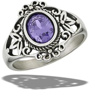 Cute Victorian Cocktail Simulated Amethyst Unique Ring Stainless Steel Band Sizes 6-10
