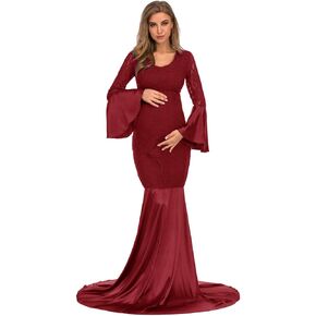ZIUMUDY Maternity Lace Fitted Gown Long Sleeve Maxi Mermaid Photography Dress Baby Shower Photo Shoot