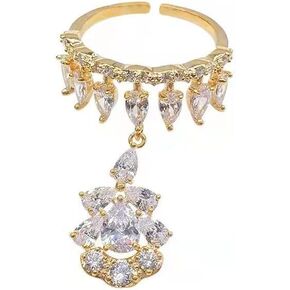 Dangle Charm Diamond Ring for Women Girls Shiny Rhinestone CZ Dangling Waterdrop Tassel Crystal Open Statement Ring Engagement Promise Rings Finger Band Fashion Jewelry Gifts