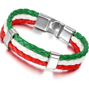 Flongo Men's Biker Red White Green Italy Italian Banner Flag Braided Football Leather Cuff Bracelet Bangle, 8.3 inches