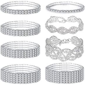 8 PCS Rhinestone Bracelets Stretch for Women Bridal Sparkly Wedding Strand Tennis Bracelet Bling Bikini Crystal Bracelet Sliver-Stone Wedding Jewelry Bracelet Set