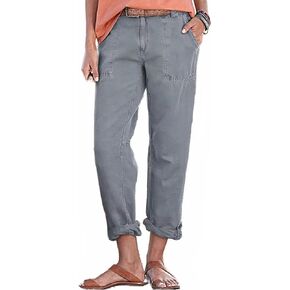 Flamingals Women's Slant Pocket Zip Fly Roll Tab Hem Pants Without Belt Mid Waist Casual Pants