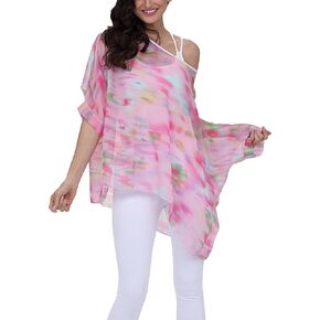 Women Summer Floral Printed Shirt Batwing Sleeve Top Chiffon Poncho Casual Loose Blouse