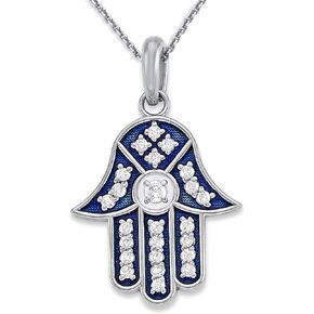 Hamsa Hand CZ Pendant Necklace in Sterling Silver, Cubic Zirconia, Blue Enamel, Made in America