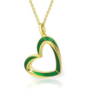 Tender Tilted Heart Pendant Necklace for Women, 18K Gold Plated, Enamel, 16-18 inch Adjustable Cable Chain, Yellow Gold and Emerald Green