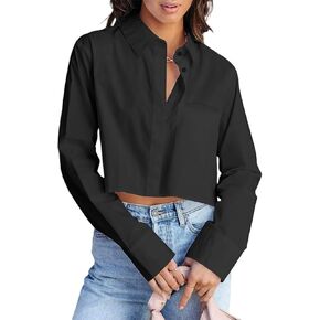 INFITTY Women's Button Down Cropped Shirts Long Sleeve Casual Crop Tops Loose fit Cotton Lapel Blouse