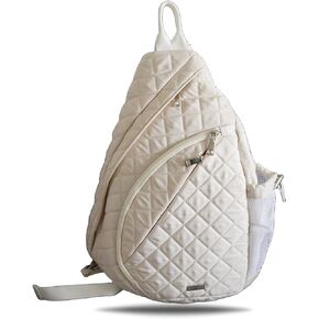 Light Beige Quilted Nylon Sling Bag for Women, Unisex Lightweight Everyday White Crossbody Travel Backpack with Hidden Pockets and Bottle Holder