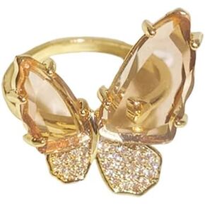 Pink Crystal Butterfly Ring for Women Girls 14K Gold Plated Cubic Zirconia Open Statement Ring Adjustable Finger Band Engagement Promise Eternity Rings Dainty Jewelry Gifts