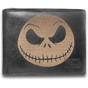 Jack Skellington nightmare before christmas Genuine Cowhide Leather Laser Engraved Engraving Slimfold Men Large Capacity Luxury Wallet Purse Minimalist Sleek Slim Black Card Holder Organizer 14 Pocket