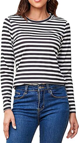 SOLY HUX Women's Striped Long Sleeve Shirts Graphic Print Tees Casual Round Neck T Shirts in Saudi Arabia