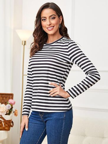 SOLY HUX Women's Striped Long Sleeve Shirts Graphic Print Tees Casual Round Neck T Shirts in Saudi Arabia