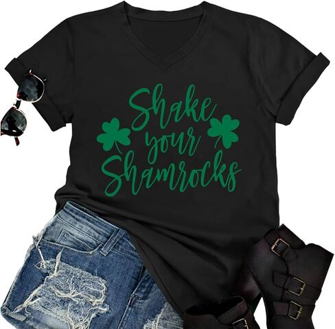 Shake Your Shamrocks T Shirt Women Funny St. Patrick's Day Irish T-Shirt V-Neck Letter Print Shamrock Shirt Tee Tops in Kuwait