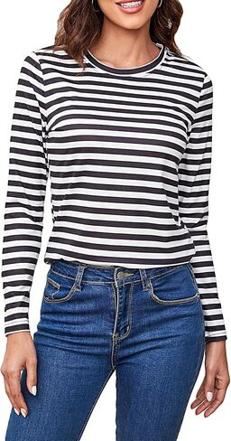 SOLY HUX Women's Striped Long Sleeve Shirts Graphic Print Tees Casual Round Neck T Shirts in Saudi Arabia