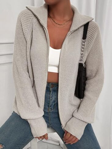 SHENHE Women's Zip Up Collared Sweater Long Raglan Sleeve Casual Cardigan Outerwear in Saudi Arabia