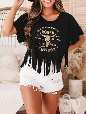 تي شيرتات نسائية برسومات جرافيك قمصان غربية كلاسيكية راعية البقر ذات هامش قميص ريفي للحفلات الموسيقية بأكمام قصيرة in Kuwait