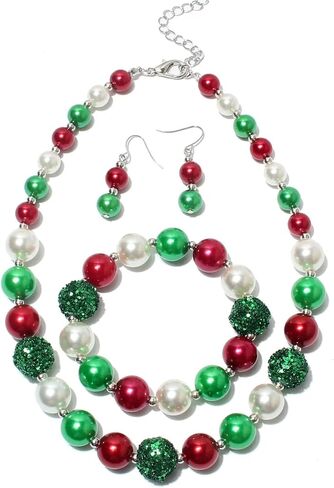 Azusa Sun 3 قطع عيد الميلاد الكبير مقلد اللؤلؤ بيان قلادة للنساء فتاة أحمر أخضر أقراط سوار عيد الميلاد مهرجان عطلة مجموعة مجوهرات هدايا عيد الميلاد - A in Kuwait