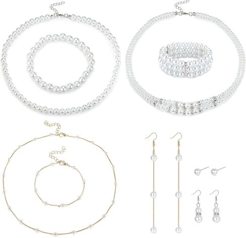 مجموعة مجوهرات Sanfenly مكونة من 9 قطع من اللؤلؤ مع 3 قطع من قلادة اللؤلؤ الصناعي، 3 قطع من سوار اللؤلؤ، 3 أزواج من أقراط اللؤلؤ من عشرينيات القرن العشرين إكسسوارات اللؤلؤ المقلد مجوهرات لؤلؤ الزفاف هدية عيد الميلاد للنساء والأم والزوجة in Kuwait