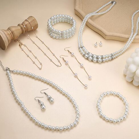 مجموعة مجوهرات Sanfenly مكونة من 9 قطع من اللؤلؤ مع 3 قطع من قلادة اللؤلؤ الصناعي، 3 قطع من سوار اللؤلؤ، 3 أزواج من أقراط اللؤلؤ من عشرينيات القرن العشرين إكسسوارات اللؤلؤ المقلد مجوهرات لؤلؤ الزفاف هدية عيد الميلاد للنساء والأم والزوجة in Kuwait