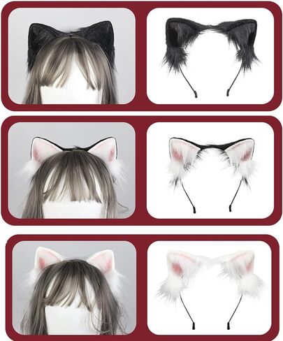 Cat Wolf Ears Headband Long Fur Handmade Cute Headwear Animal Furry Hair Hoop Fancy Cosplay Costume Accessories in Saudi Arabia