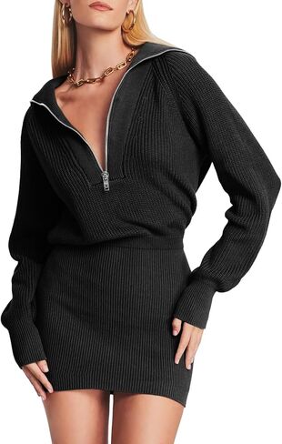 فستان Lanwyqu النسائي بسحاب لأعلى Bodycon سترة 2024 بلوفر مريح وسترات طويلة عصرية فساتين قصيرة متماسكة مضلعة in Kuwait