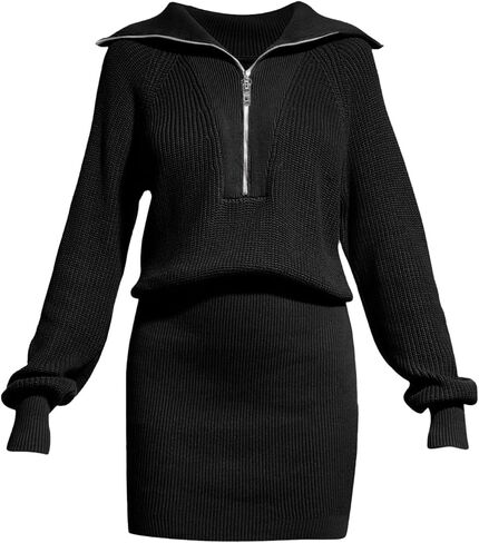 فستان Lanwyqu النسائي بسحاب لأعلى Bodycon سترة 2024 بلوفر مريح وسترات طويلة عصرية فساتين قصيرة متماسكة مضلعة in Kuwait